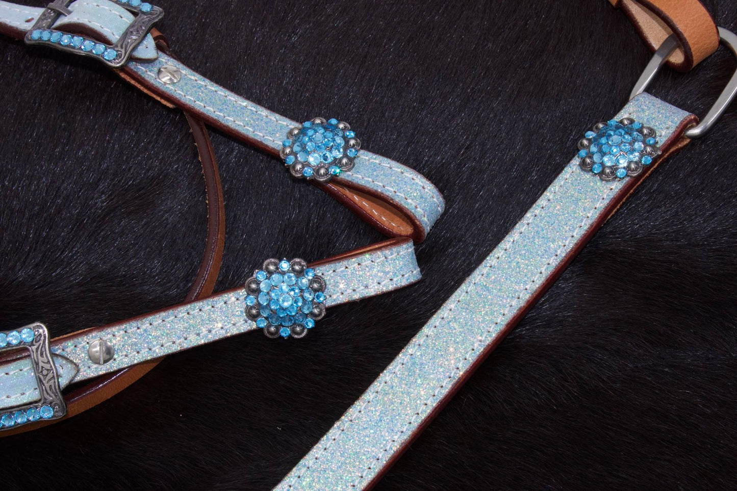 Pony Glitzer Westernset, Kopfstück und Vorderzeug, türkis, Strass,