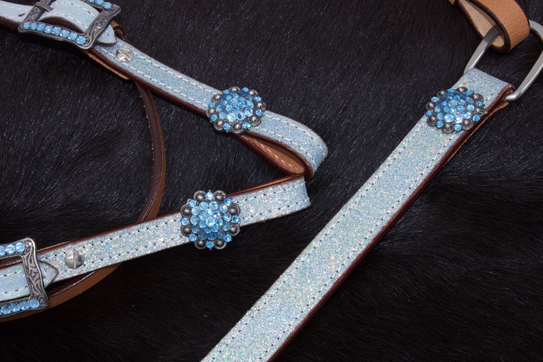 Pony Glitzer Westernset, Kopfstück und Vorderzeug, türkis, Strass,