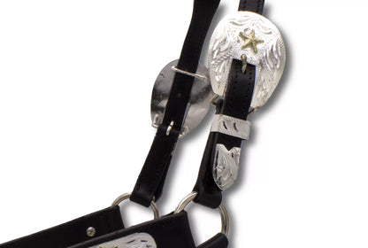 Show Lederhalfter mit Führkette, schwarzes Leder, goldfarbene Sterne,