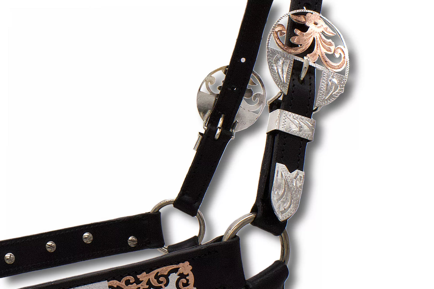 Show Lederhalfter mit Führkette, schwarz, silber, rosegold,