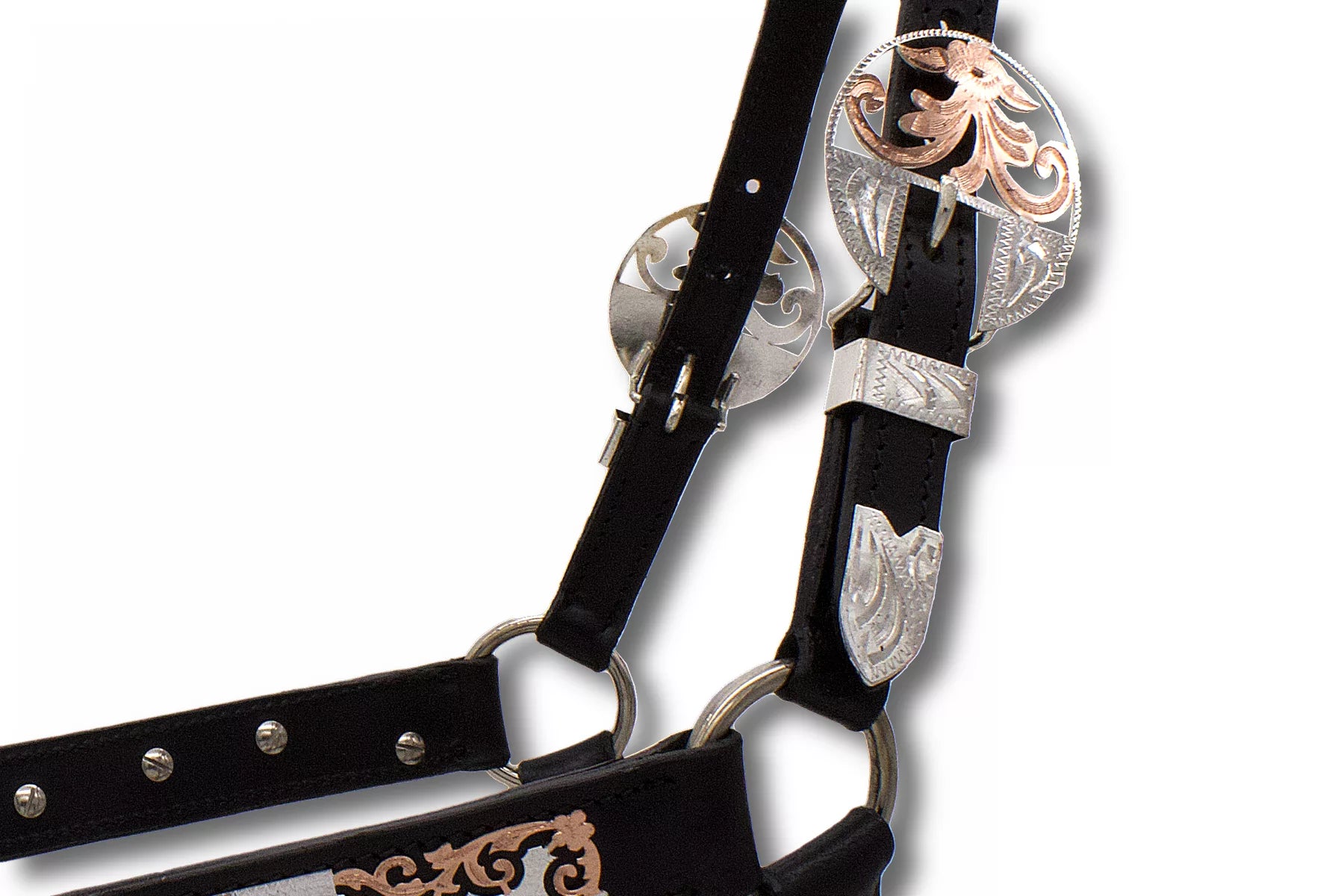 Show Lederhalfter mit Führkette, schwarz, silber, rosegold,