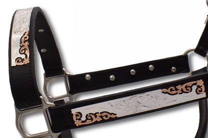 Show Lederhalfter mit Führkette, schwarz, silber, rosegold,