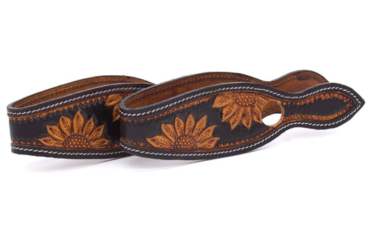 Leder Slobber Bars, Slobber Straps schwarz mit Sonnenblumen Punzierung