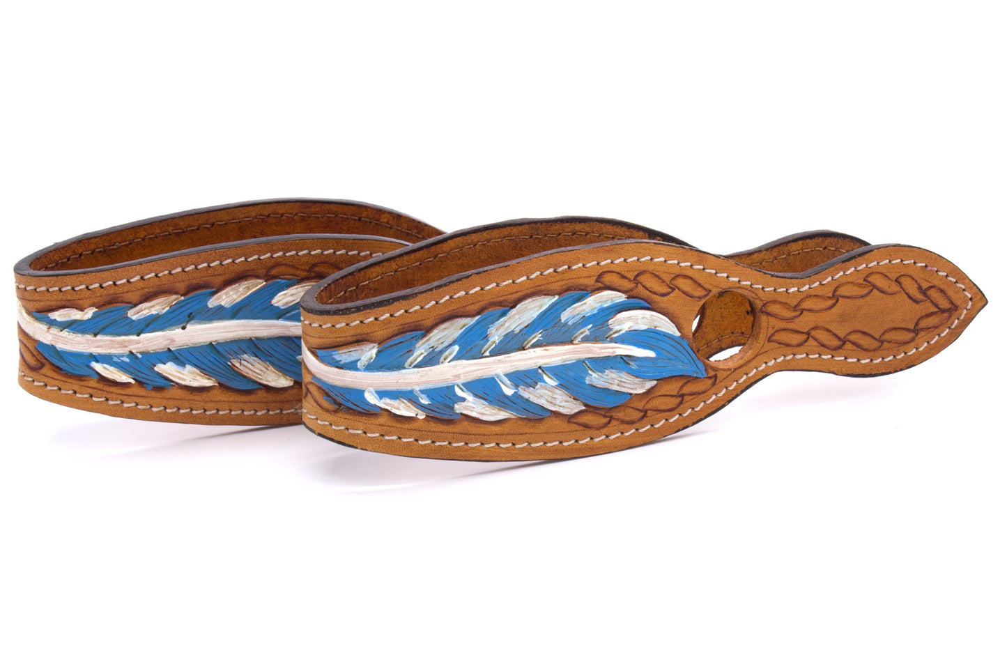 Leder Slobber Bars, slobber straps mit blau-weißer Feder