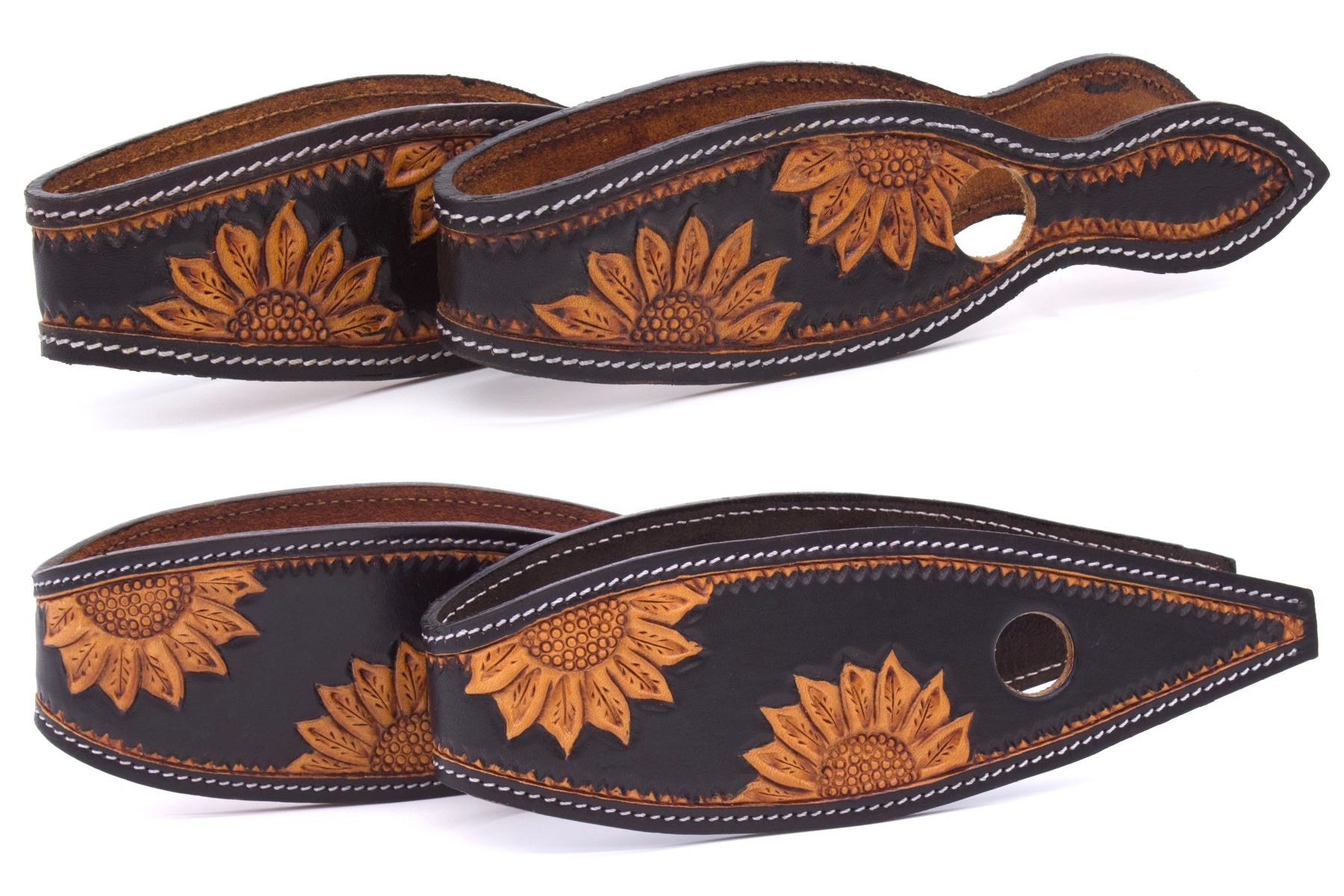 Leder Slobber Bars, Slobber Straps schwarz mit Sonnenblumen Punzierung,