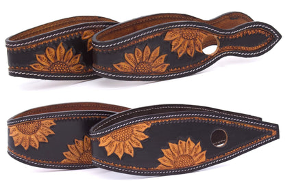 Leder Slobber Bars, Slobber Straps schwarz mit Sonnenblumen Punzierung,