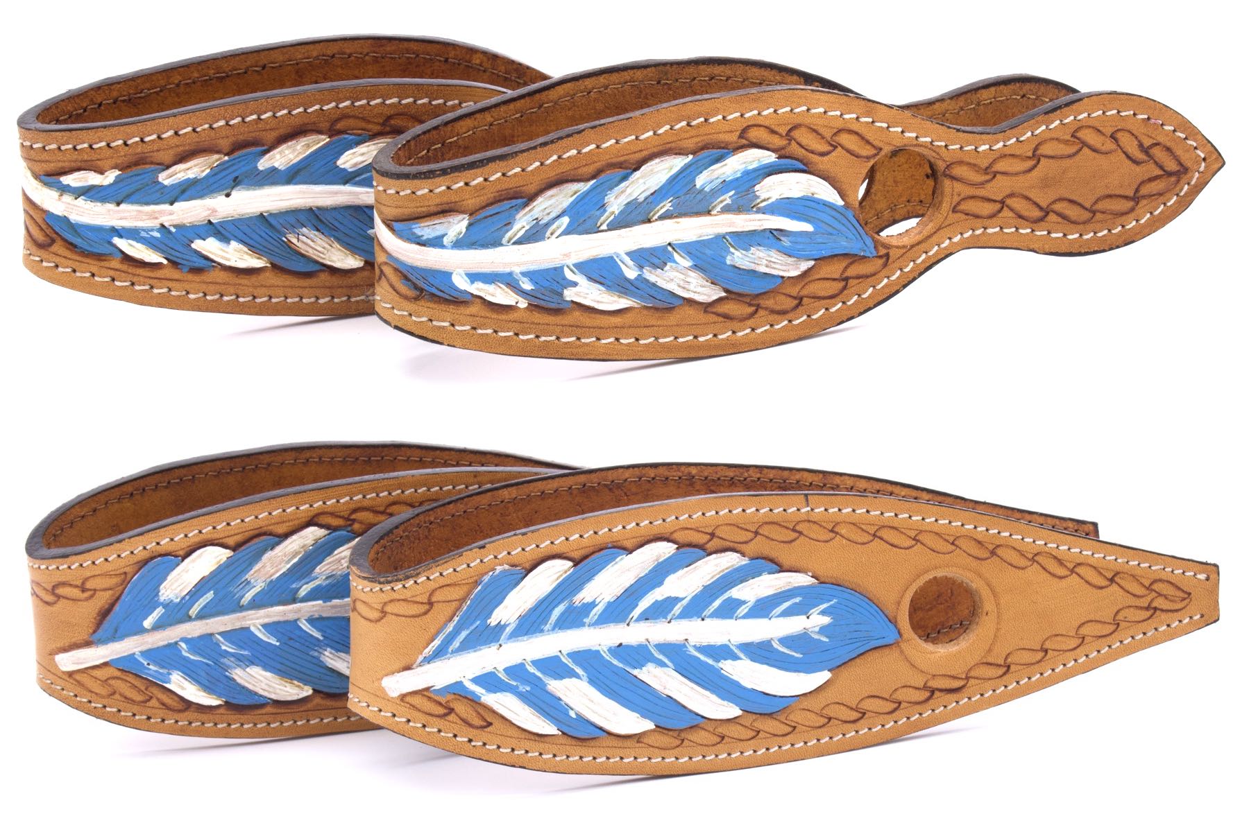 Leder Slobber Bars, slobber straps mit blau-weißer Feder,