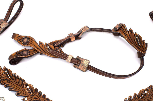 Vintage-Look Einohr Westerntrense, Set aus Kopfstück und Vorderzeug, dunkelbraun, mit Strass,