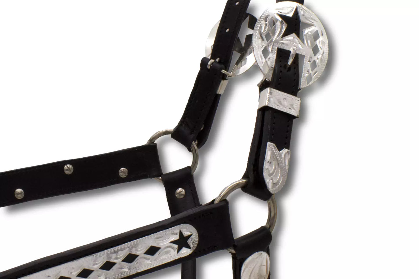 Show Lederhalfter mit Führkette, schwarz, mit Karo und Sternenmuster,