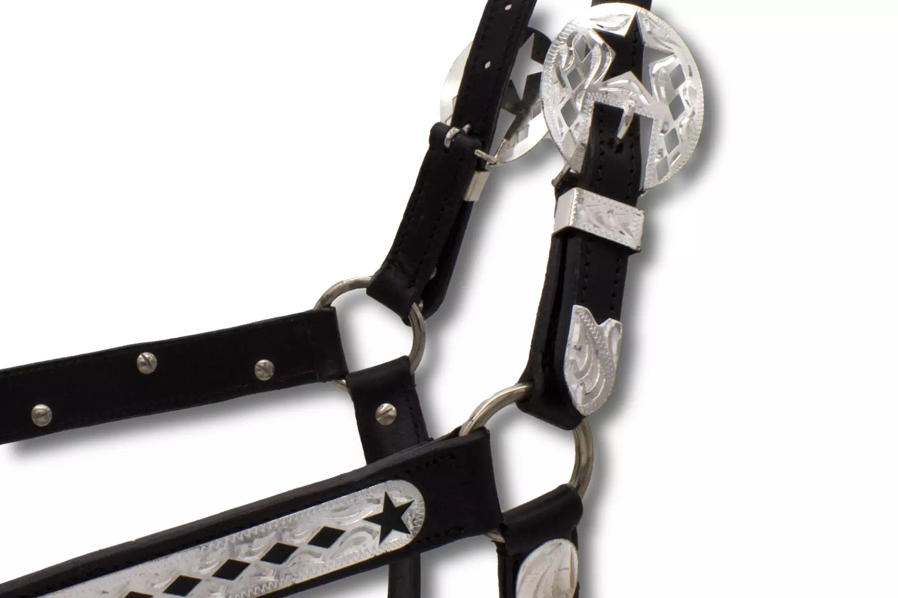 Show Lederhalfter mit Führkette, schwarz, mit Karo und Sternenmuster,