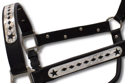 Show Lederhalfter mit Führkette, schwarz, mit Karo und Sternenmuster,