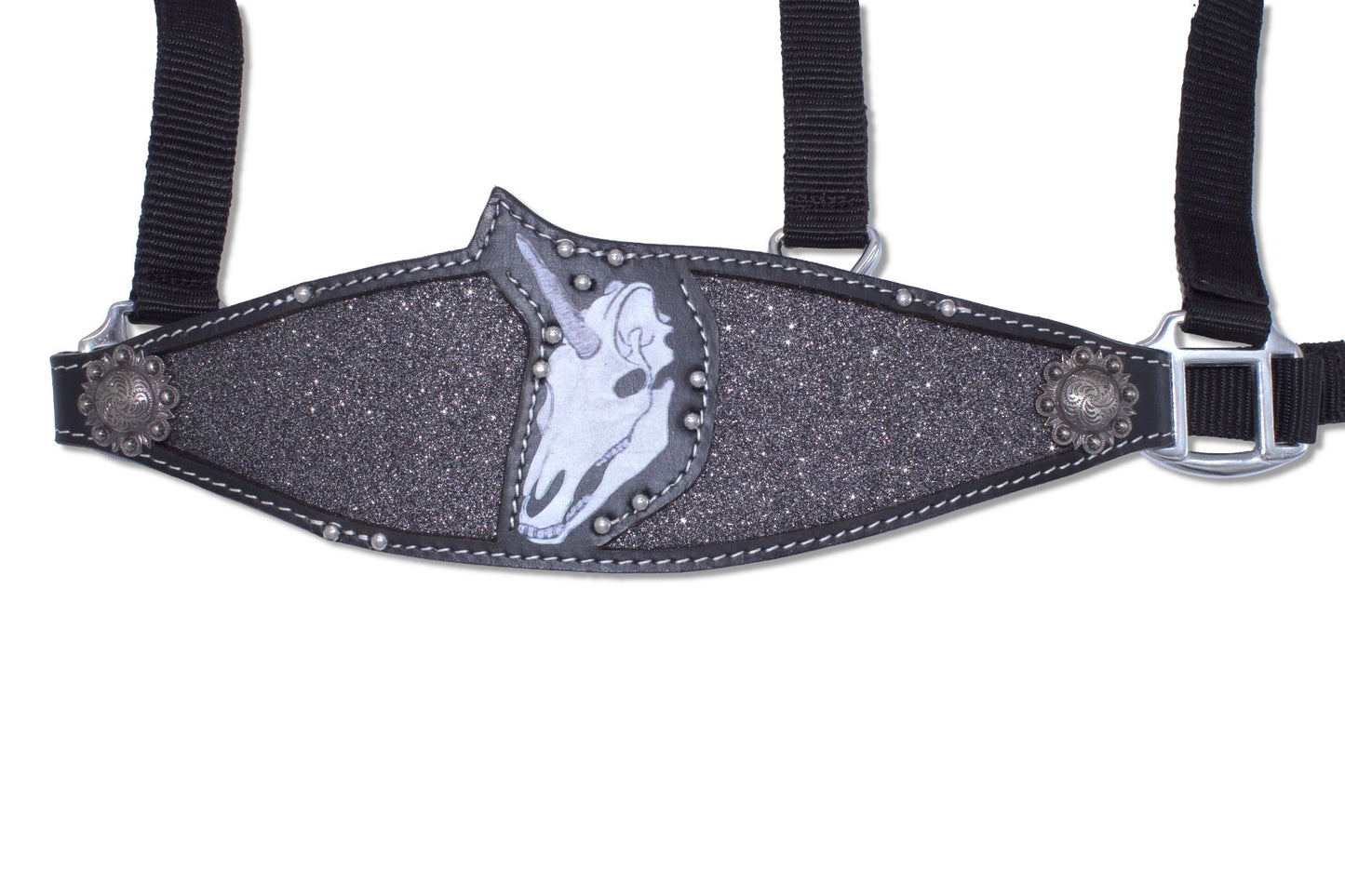 Glitzer Nylon Westernhalfter Einhorn Knochenkopf, Totenkopf schwarz,