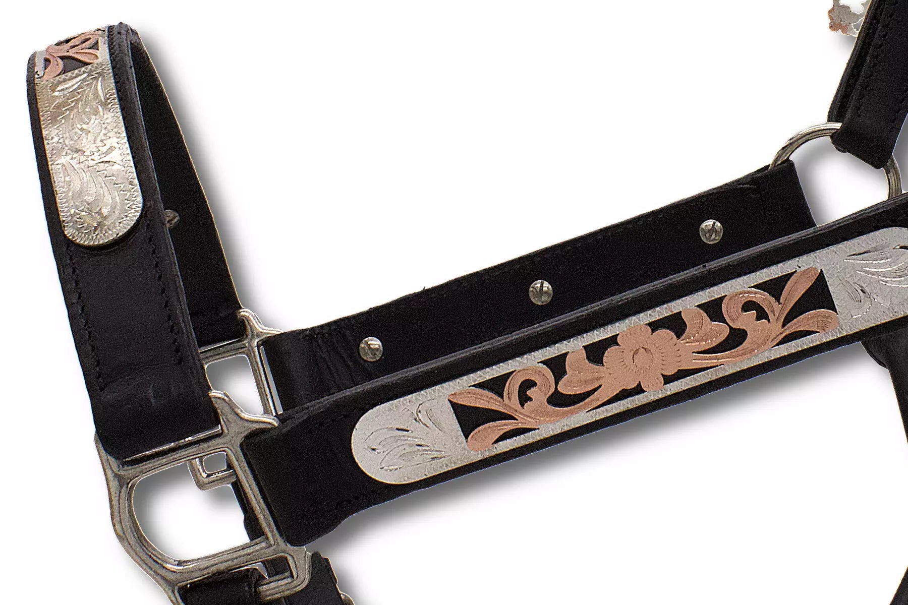 Show Lederhalfter mit Führkette, schwarz, rosegold verziert,