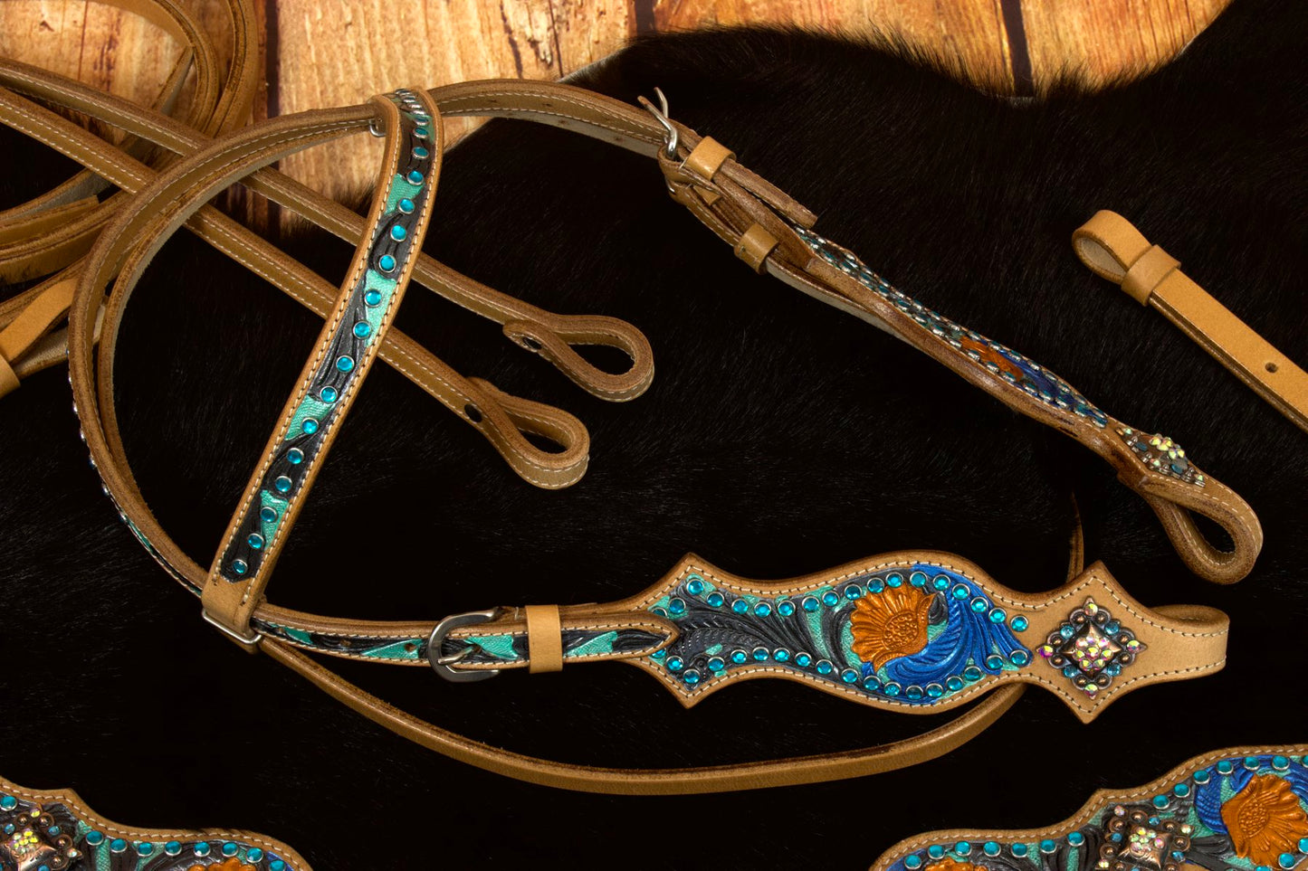 Westerntrense, Set aus Kopfstück mit Vorderzeug, braun, feather,Federn,