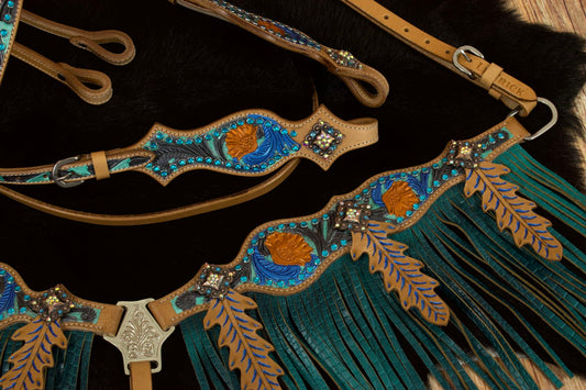 Westerntrense, Set aus Kopfstück mit Vorderzeug, braun, feather,Federn,