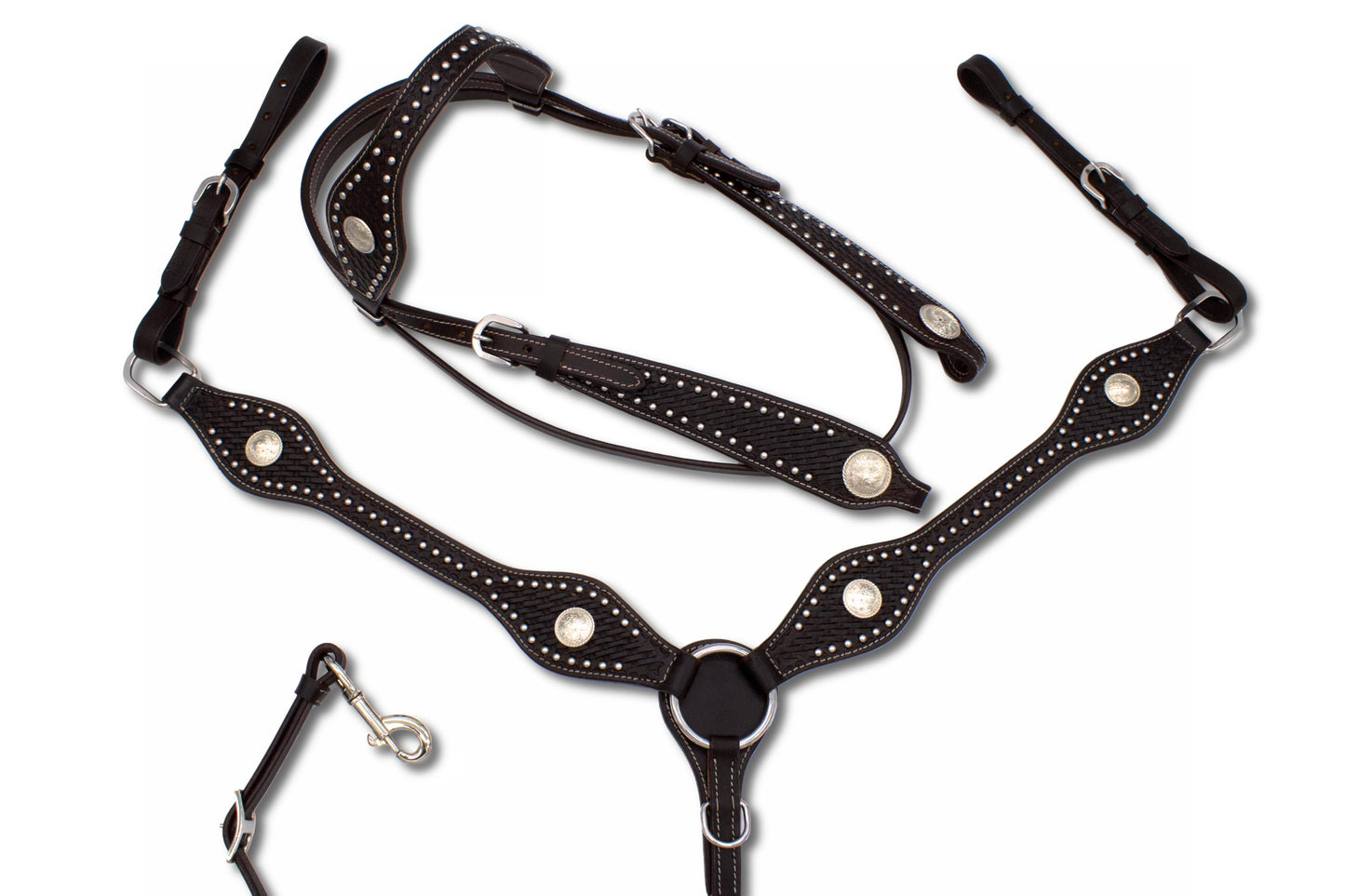 Westerntrense, Set aus Kopfstück und Vorderzeug mit silbernen Conchos und Nieten, dunkelbraun