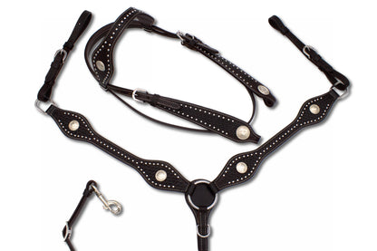 Westerntrense, Set aus Kopfstück und Vorderzeug mit silbernen Conchos und Nieten, dunkelbraun