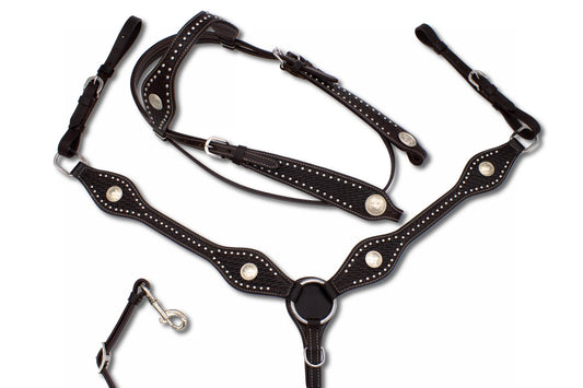 Westerntrense, Set aus Kopfstück und Vorderzeug mit silbernen Conchos und Nieten, dunkelbraun