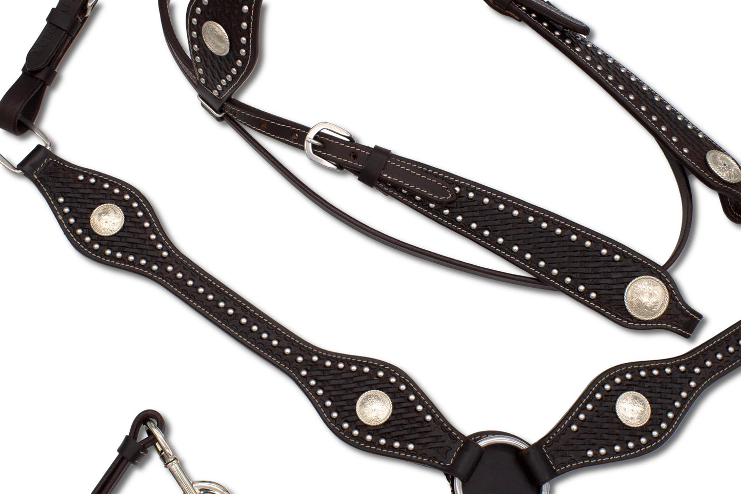 Westerntrense, Set aus Kopfstück und Vorderzeug mit silbernen Conchos und Nieten, dunkelbraun,