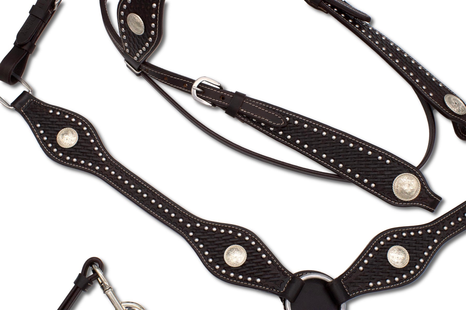 Westerntrense, Set aus Kopfstück und Vorderzeug mit silbernen Conchos und Nieten, dunkelbraun,