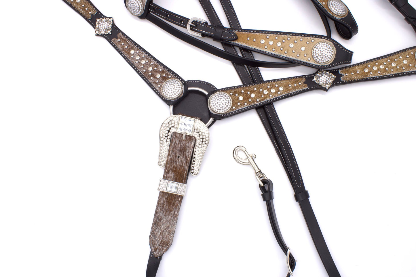 Show Western-Kopfstück schwarz, Set aus Trense mit Vorderzeug, Gürtelschnalle mit Strass,