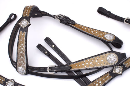 Show Western-Kopfstück schwarz, Set aus Trense mit Vorderzeug, Gürtelschnalle mit Strass,