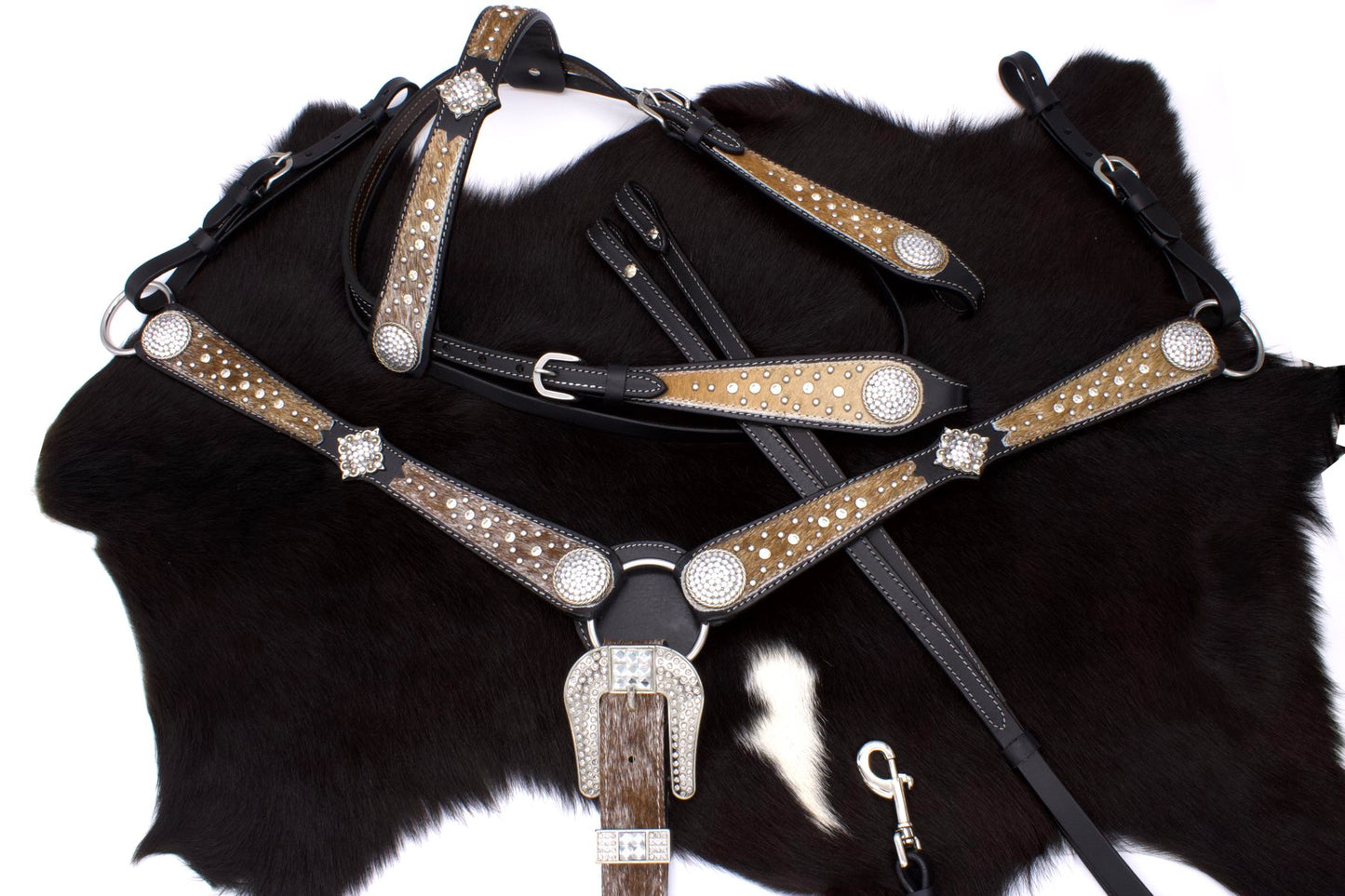 Show Western-Kopfstück schwarz, Set aus Trense mit Vorderzeug, Gürtelschnalle mit Strass,