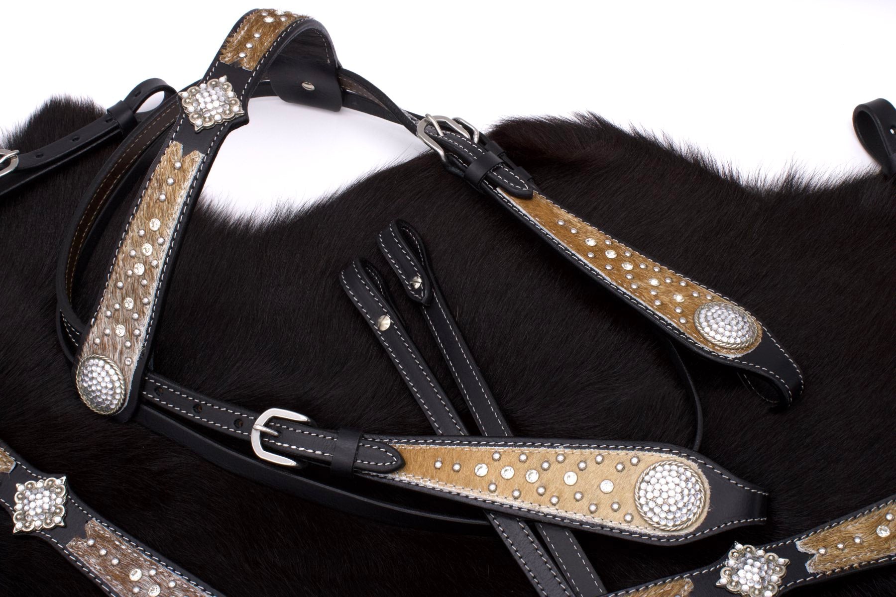 Show Western-Kopfstück schwarz, Set aus Trense mit Vorderzeug, Gürtelschnalle mit Strass,
