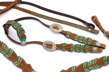 Federoptik Westerntrense, Set aus Kopfstück mit Vorderzeug, türkis, silber-Conchos,