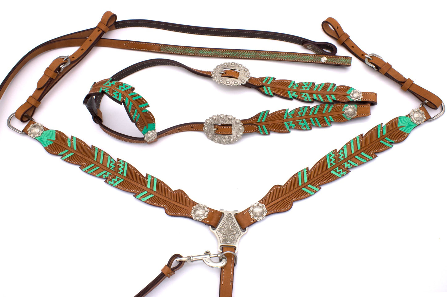 Federoptik Westerntrense, Set aus Kopfstück mit Vorderzeug, türkis, silber-Conchos