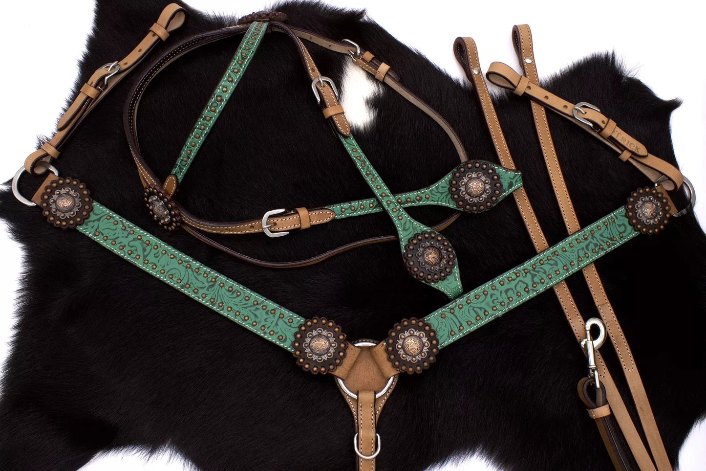 Western-Kopfstück, Set aus Trense mit Western-Vorderzeug, grünes Muster, kupferfarbene Conchos,