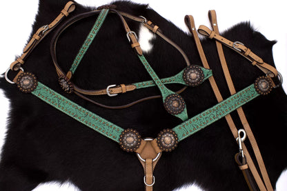 Western-Kopfstück, Set aus Trense mit Western-Vorderzeug, grünes Muster, kupferfarbene Conchos,