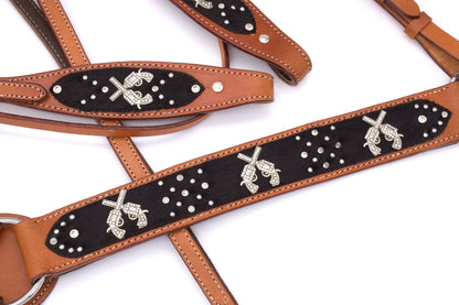 Westerntrense, Set aus Westernzaum und Vorderzeug, mit Pistolenconchos, Strass, braun, schwarz,