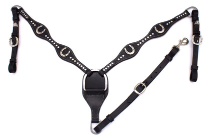 Westerntrense, Set aus Kopfstück und Vorderzeug, Hufeisen, schwarz, mit Strasssteinen, Glitzer,