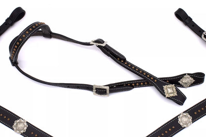 Westernset schwarz mit kupferfarbenen Nieten, silberfarbene Conchos, Einohr,