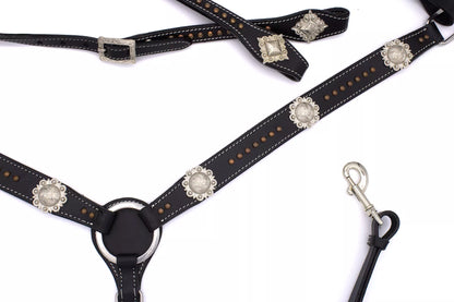 Westernset schwarz mit kupferfarbenen Nieten, silberfarbene Conchos, Einohr,