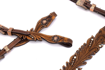 Vintage-Look Einohr Westerntrense, Set aus Kopfstück und Vorderzeug, dunkelbraun, mit Strass,