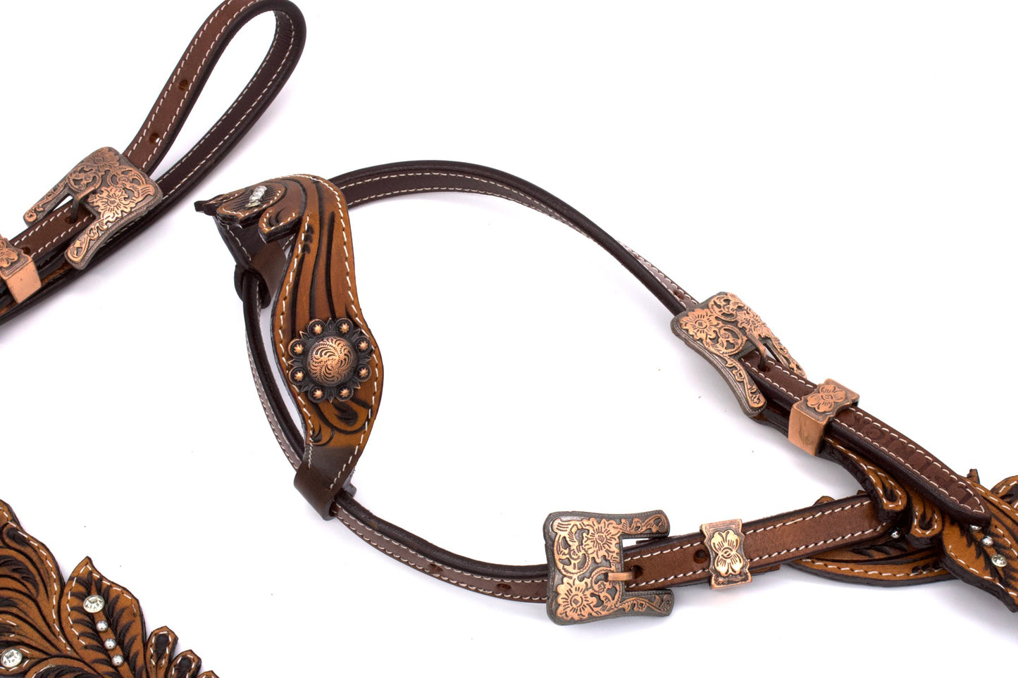 Vintage-Look Einohr Westerntrense, Set aus Kopfstück und Vorderzeug, dunkelbraun, mit Strass,