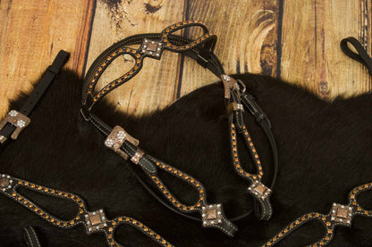 Vintage-Look Westerntrense, Set aus Kopfstück und Vorderzeug, schwarz, mit Strass,