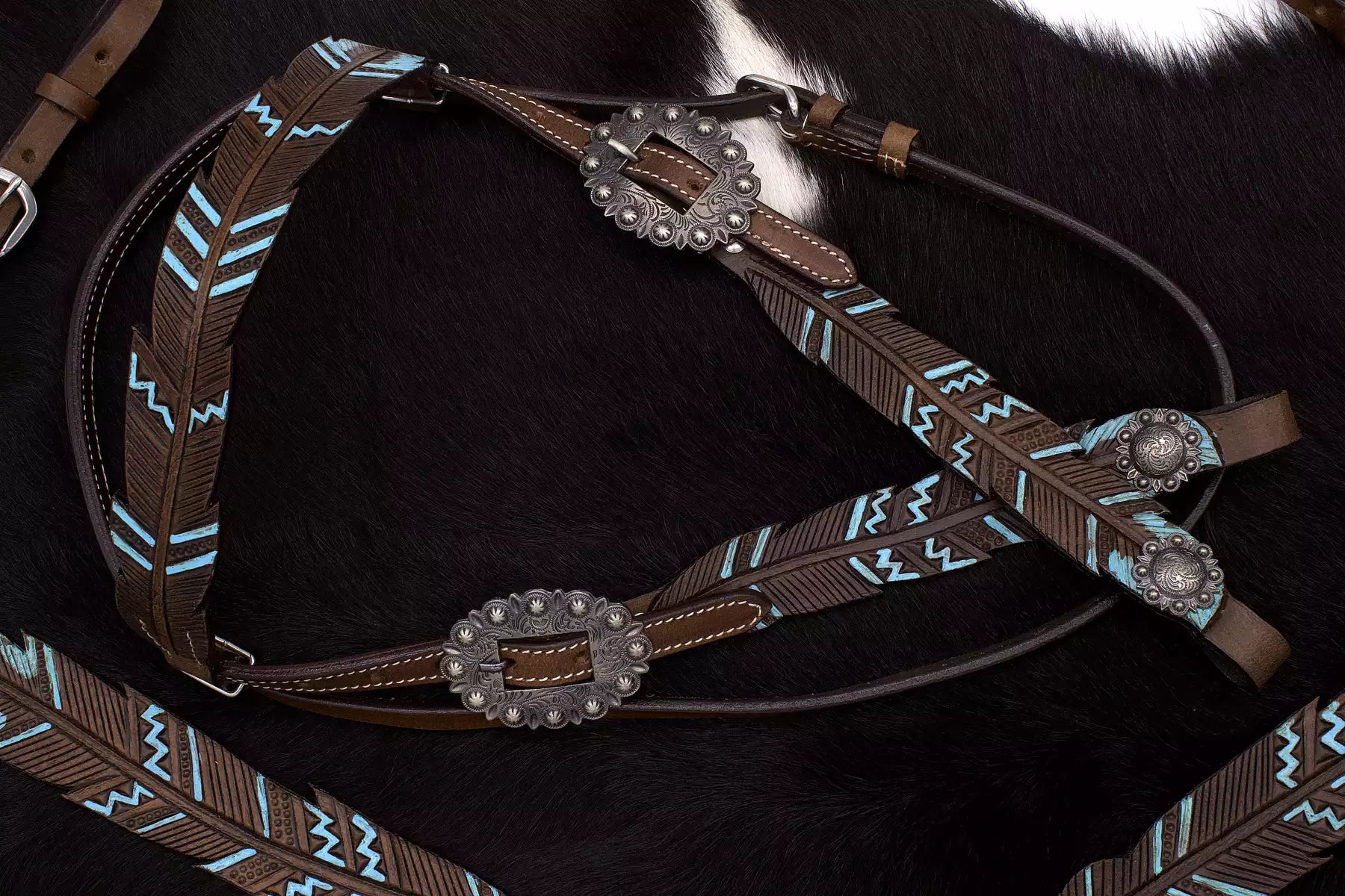 Federoptik Western-Kopfstück dunkel, Set aus Trense mit Vorderzeug, dunkelbraun, türkis,