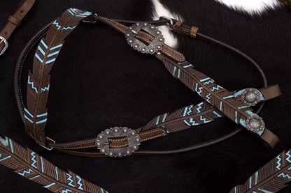 Federoptik Western-Kopfstück dunkel, Set aus Trense mit Vorderzeug, dunkelbraun, türkis,