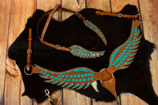 Wings Show Western-Kopfstück, Set aus Vorderzeug und Trense, türkis mit Strass, in Flügelform,