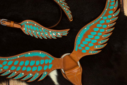 Wings Show Western-Kopfstück, Set aus Vorderzeug und Trense, türkis mit Strass, in Flügelform,