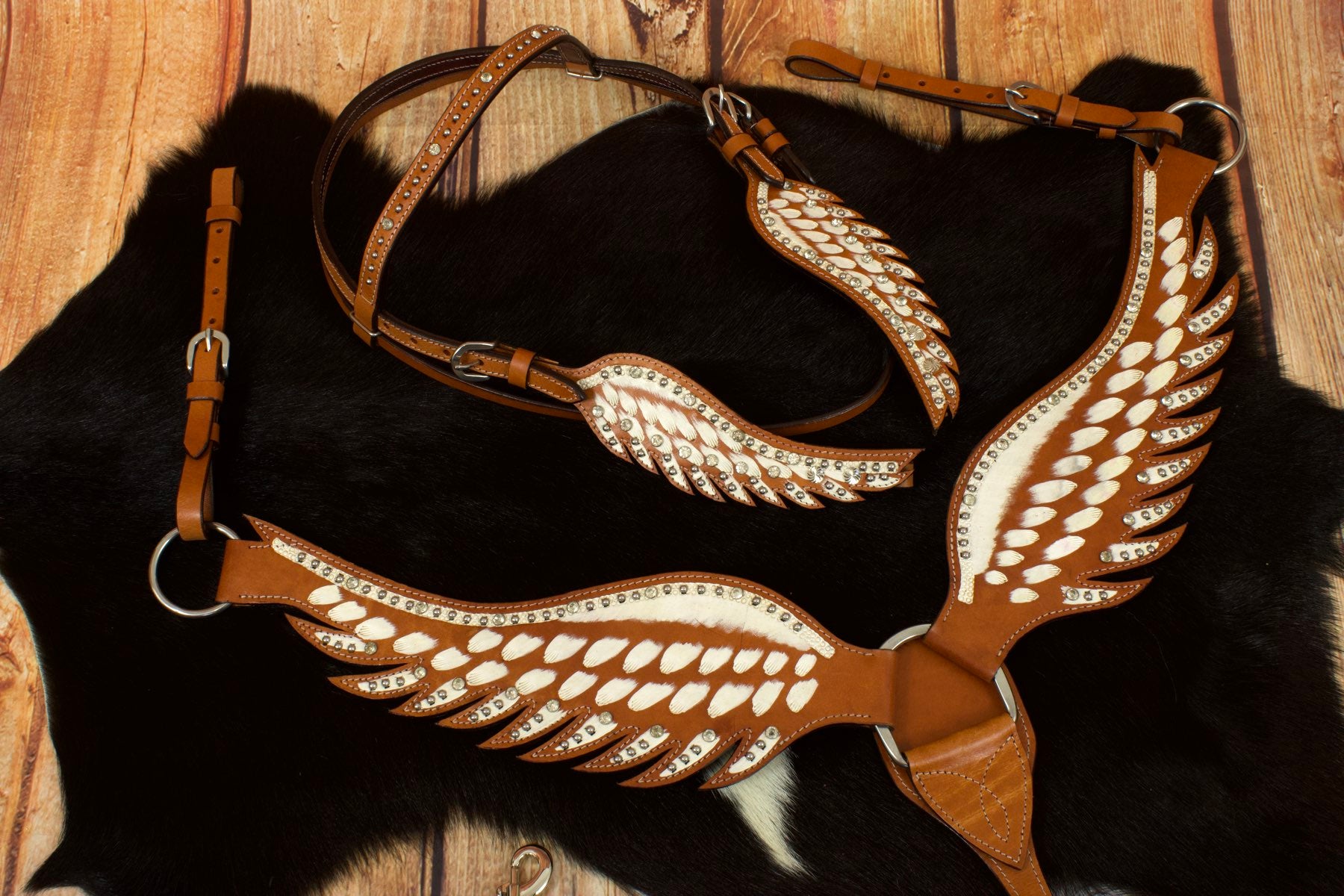 Wings Show Western-Kopfstück, Set aus Vorderzeug und Trense, weiß mit Strass, in Flügelform,