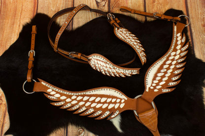 Wings Show Western-Kopfstück, Set aus Vorderzeug und Trense, weiß mit Strass, in Flügelform,
