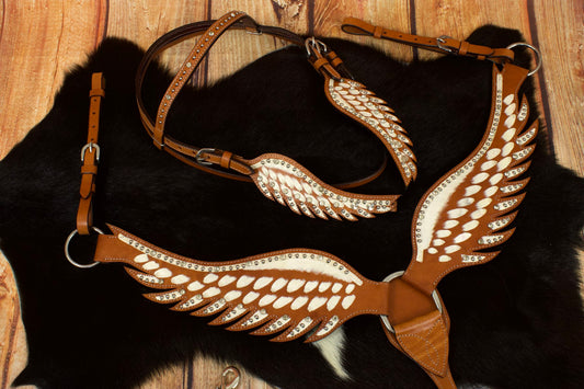 Wings Show Western-Kopfstück, Set aus Vorderzeug und Trense, weiß mit Strass, in Flügelform,