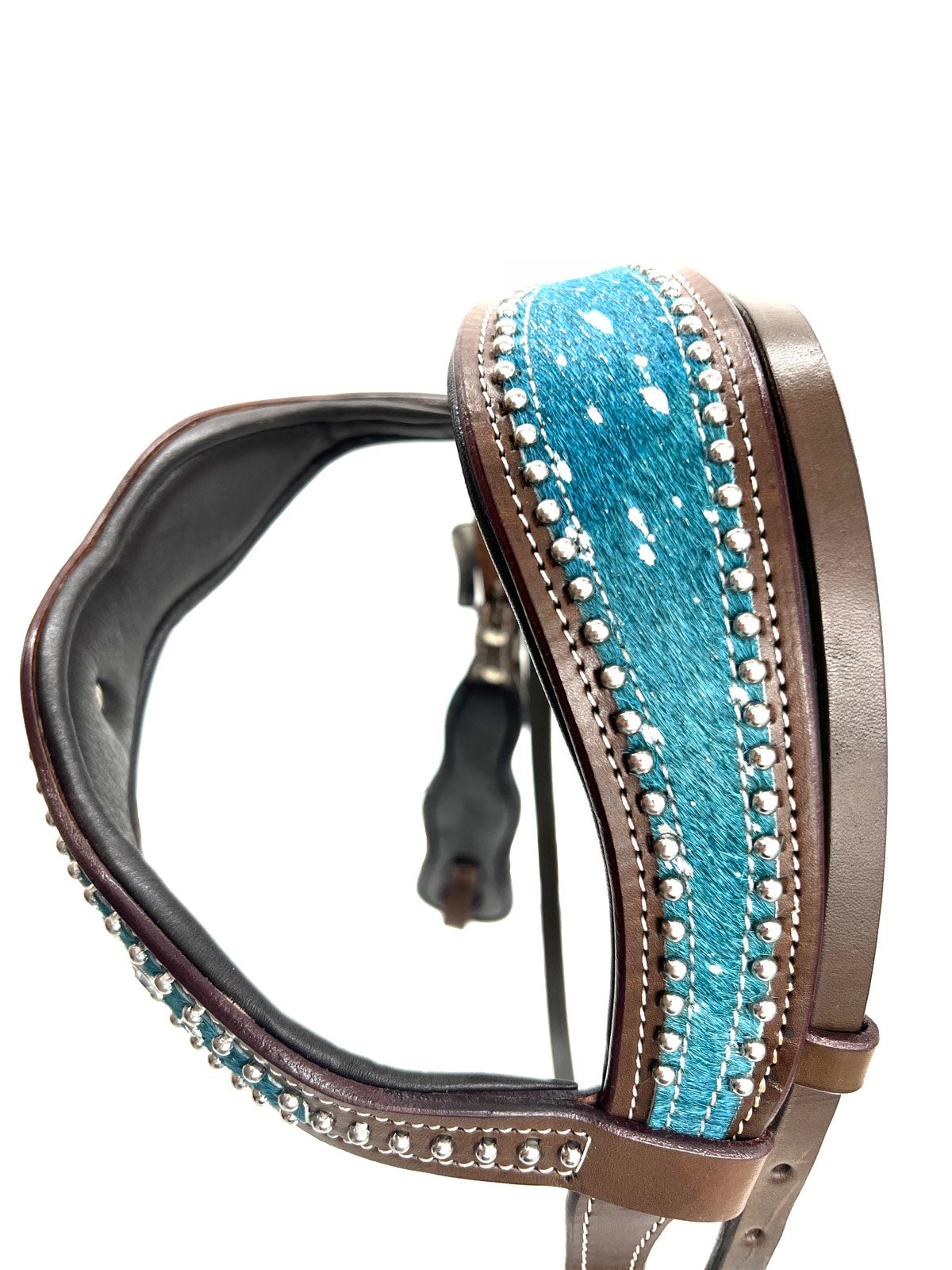 Westerntrense mit anatomischem Genickstück in türkis, Kaltblut, super soft unterlegt, dunkelbraunes Leder,