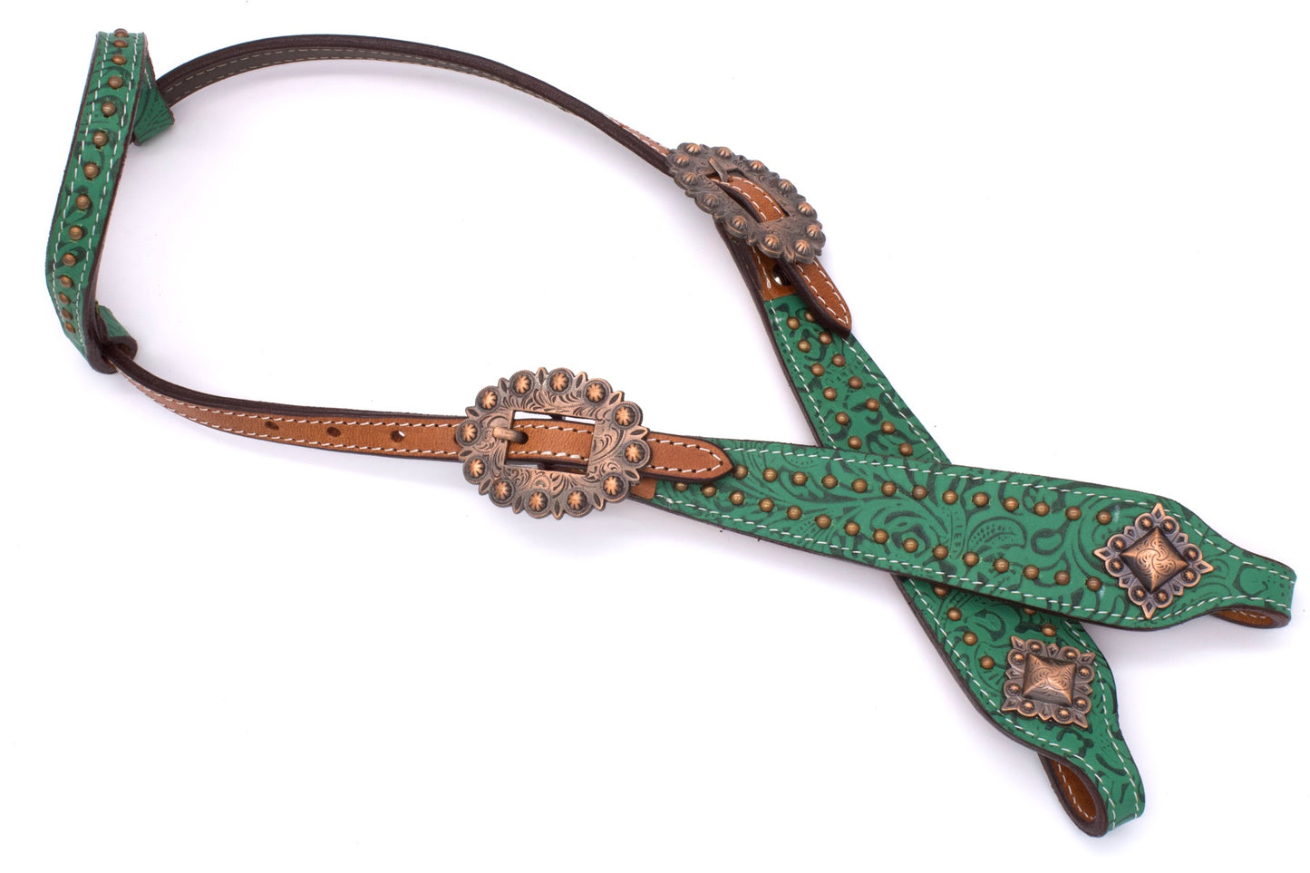 Show Einohr Westerntrense, Kopfstück mit grünem Muster und kufperfarbenen Schnallen,