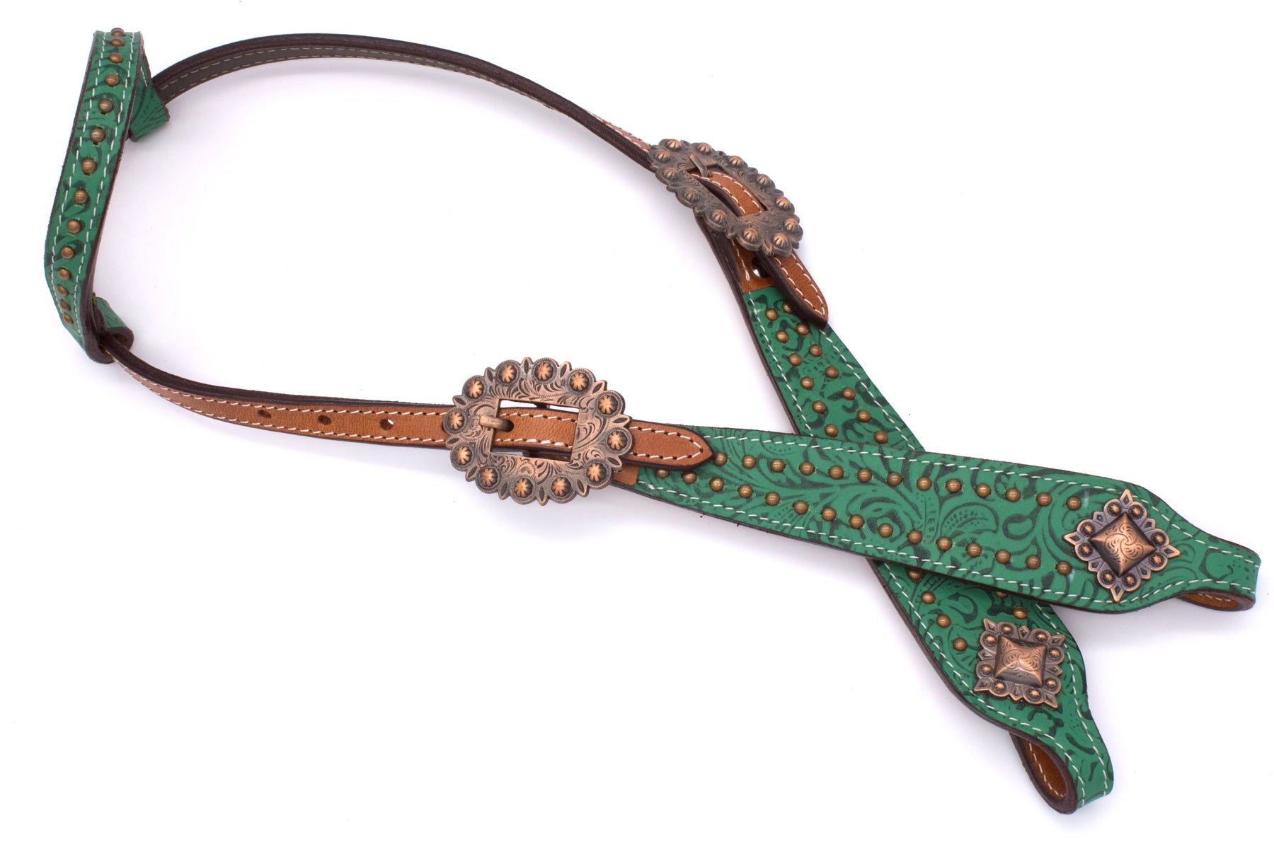 Show Einohr Westerntrense, Kopfstück mit grünem Muster und kufperfarbenen Schnallen,