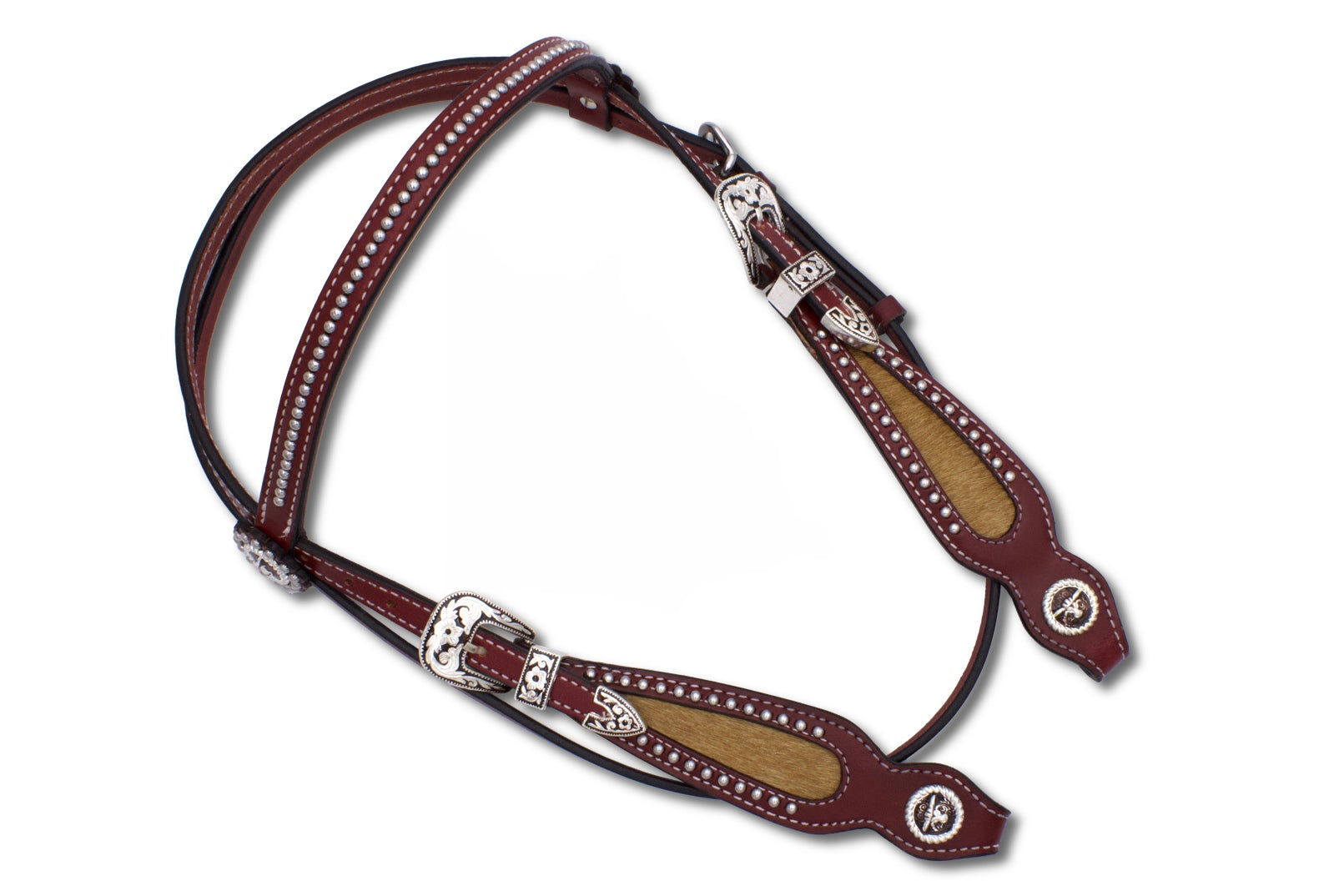 Westernzaum, Trense mit Echthaar Inlay, Nieten und silber, kupferfarbene Schnallen,